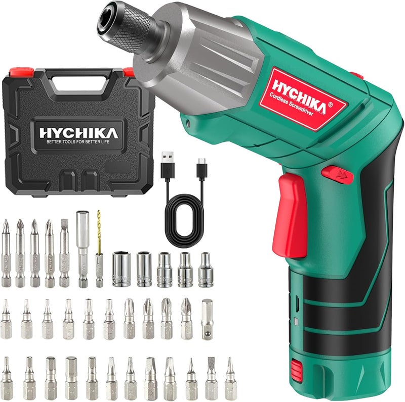 hychika مفك كهربائي، عزم دوران 6 نيوتن متر، مفك لاسلكي HYCHIKA 2000 مللي أمبير في الساعة 3.6 فولت مع 35 ملحقًا، ضوء LED ومصباح خلفي، كابل USB وصندوق تخزين - Image 1