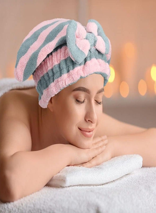 Bukela Microfiber Hair Dry Cap Absorbent Quick Drying Cap Soft Hair Drying Towel Stripe Dry Hair Cap Hair Towel Cap with Bow-Knot Shower Cap for Women and Girls 2Pcs, Suitable for Any Occasions  - Image 3