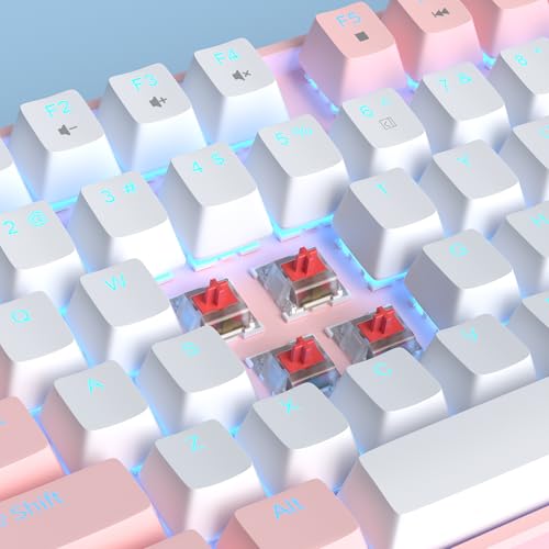 MageGee 75% Mechanical Gaming Keyboard, Red Switch, LED Blue Backlit, 87 Keys Compact TKL Wired Computer Keyboards for Windows Laptop PC Gamer - White/Pink - Image 3