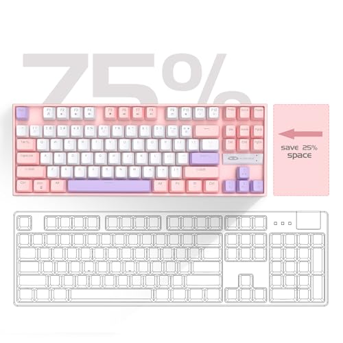MageGee 75% Mechanical Gaming Keyboard, Red Switch, LED Blue Backlit, 87 Keys Compact TKL Wired Computer Keyboards for Windows Laptop PC Gamer - White/Pink - Image 2