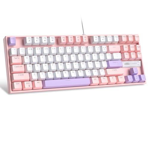 MageGee 75% Mechanical Gaming Keyboard, Red Switch, LED Blue Backlit, 87 Keys Compact TKL Wired Computer Keyboards for Windows Laptop PC Gamer - White/Pink - Image 1