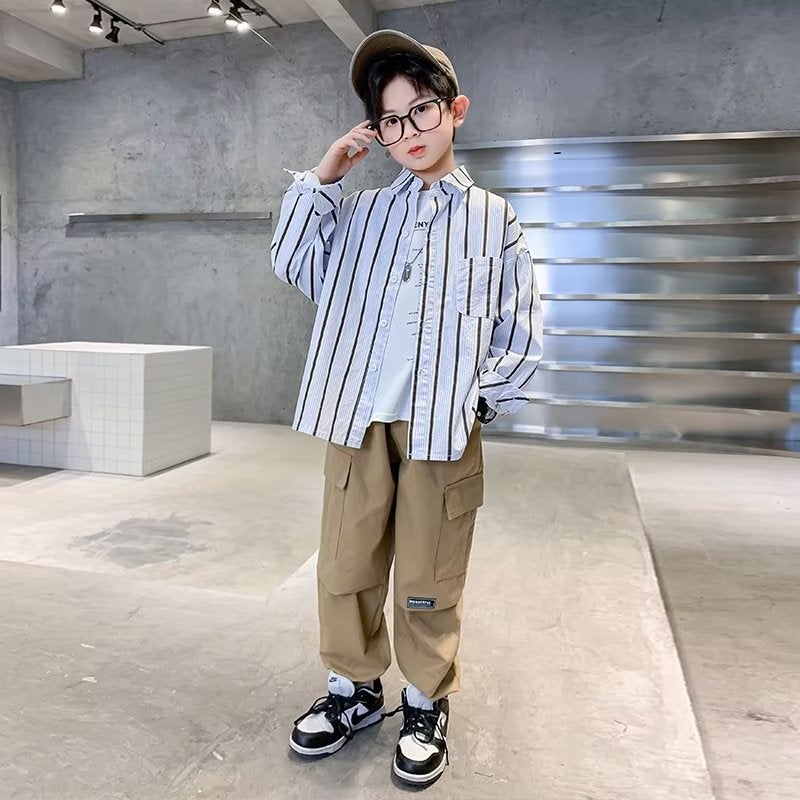 Boys' Shirt 2024 Spring And Arrival Children'S Vertical Stripe Sunscreen Clothing Korean-Style Long-Sleeved Student Shirt Western Style Top - Image 3