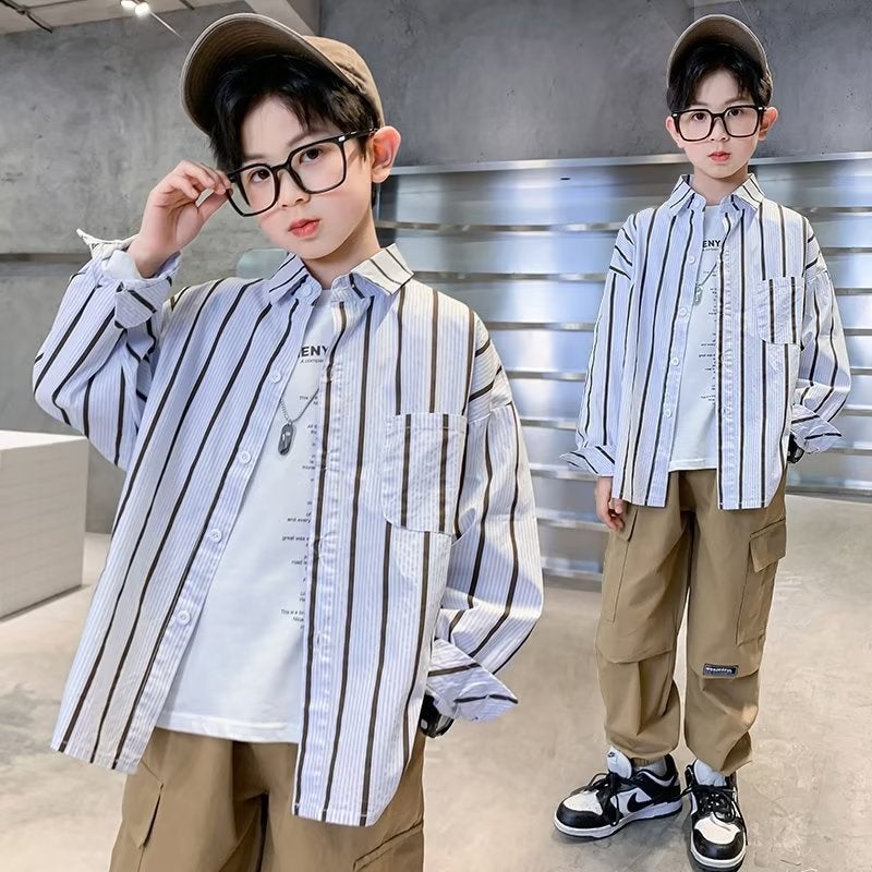 Boys' Shirt 2024 Spring And Arrival Children'S Vertical Stripe Sunscreen Clothing Korean-Style Long-Sleeved Student Shirt Western Style Top - Image 2