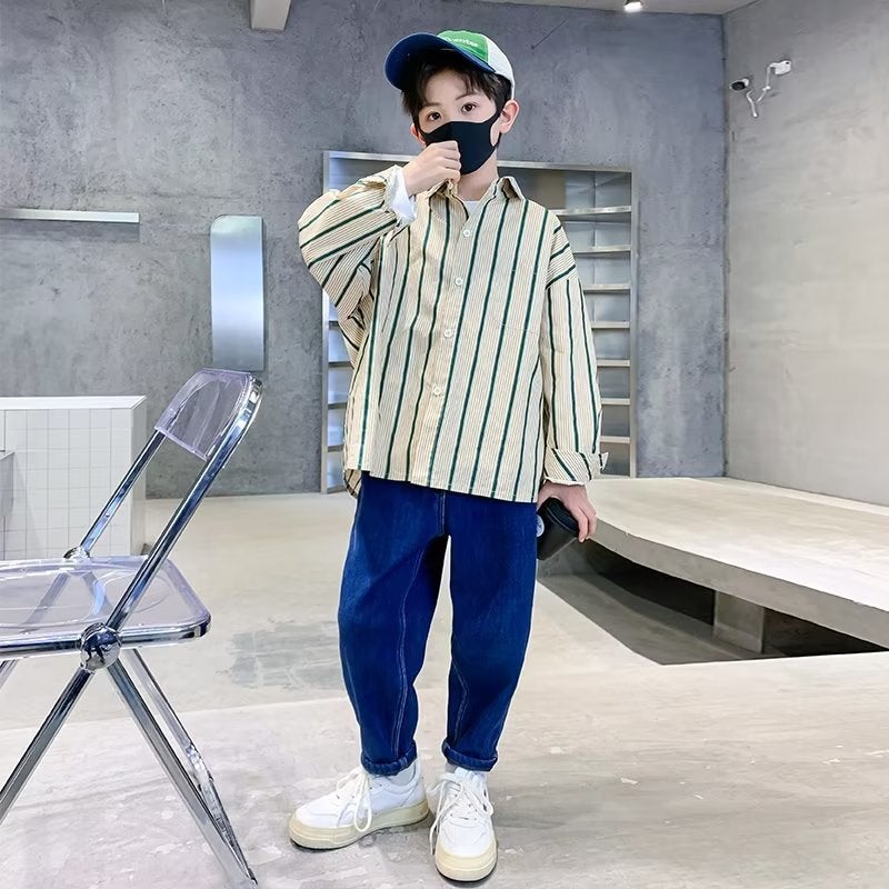 Boys' Shirt 2024 Spring And Arrival Children'S Vertical Stripe Sunscreen Clothing Korean-Style Long-Sleeved Student Shirt Western Style Top - Image 1