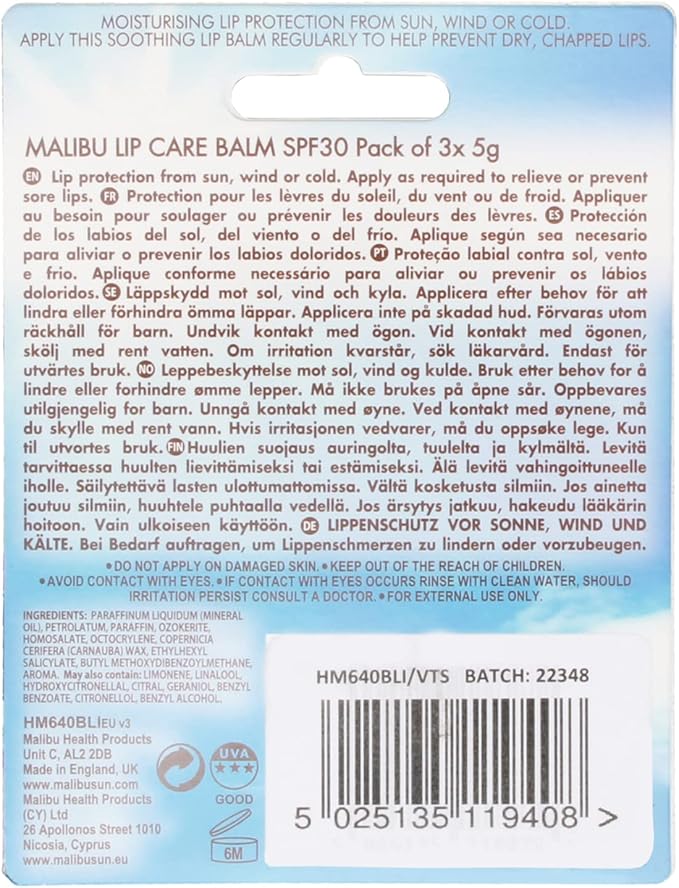 Malibu Sun SPF 30 Lip Balm Sunscreen Vanilla Tropical Strawberry 3 x 5g Pack of 2 - Image 2