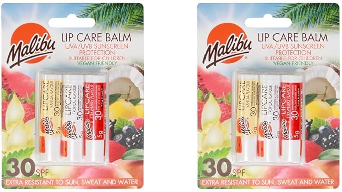 Malibu Sun SPF 30 Lip Balm Sunscreen Vanilla Tropical Strawberry 3 x 5g Pack of 2 - Image 1