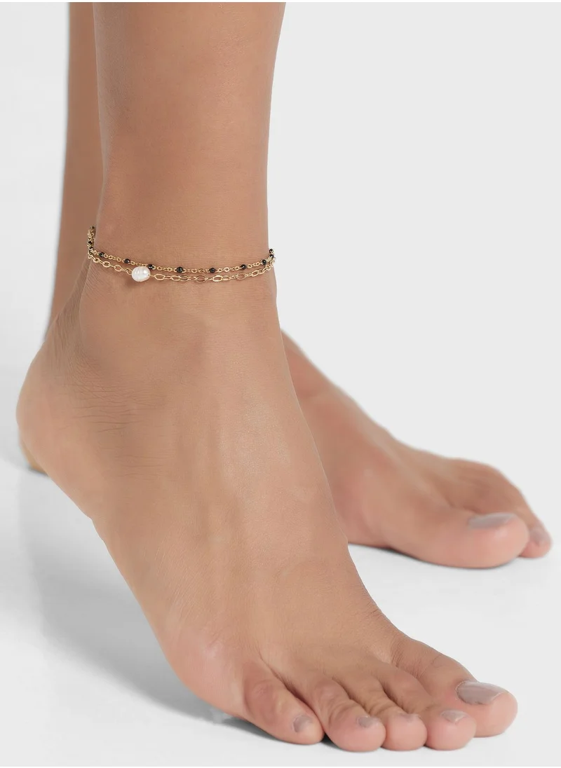 ليدي موف JEWEL BLACK BEAD PEARL CHAIN ANKLET