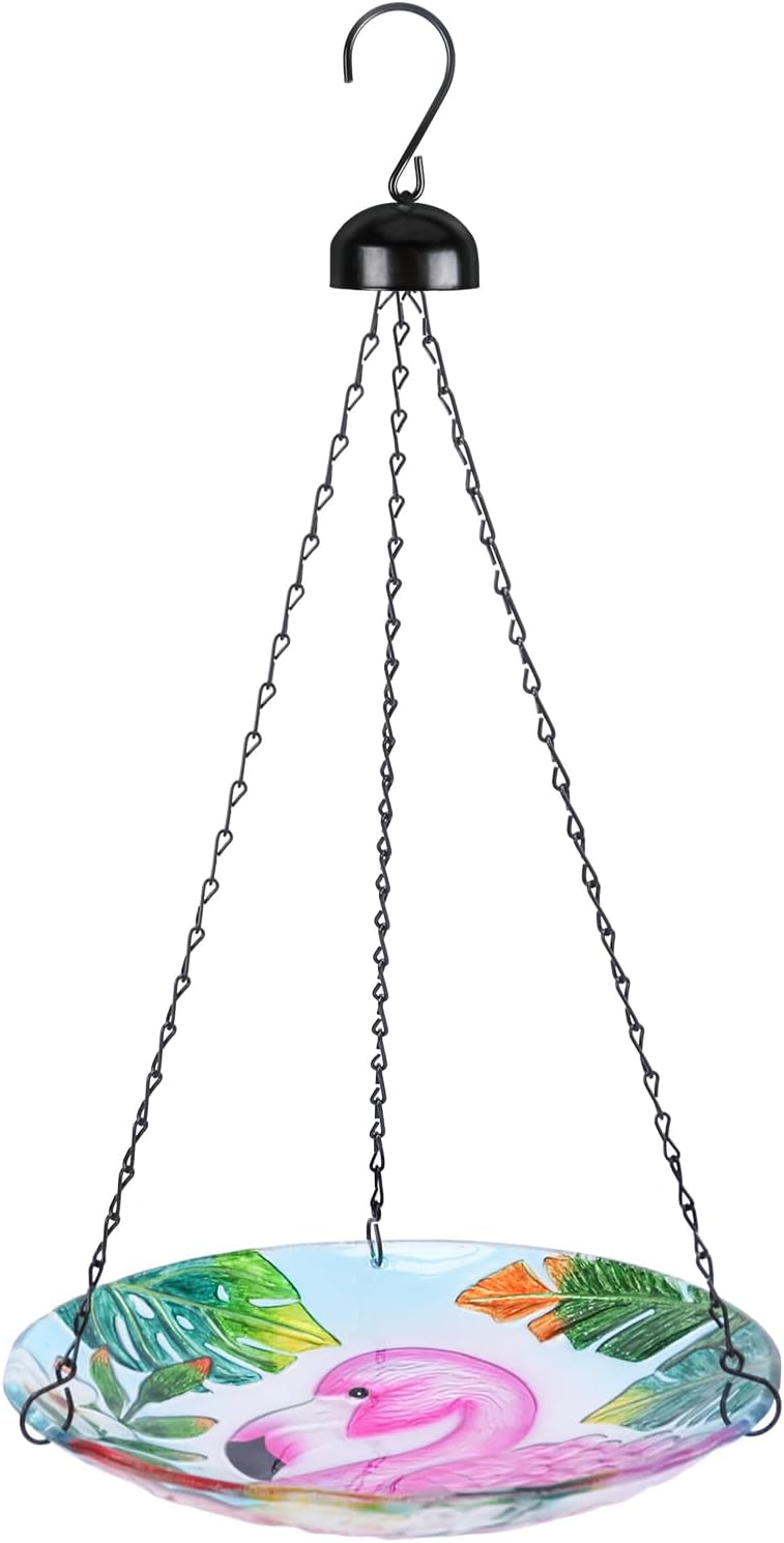 VCUTEKA Glass Hanging Bird Bath for Outdoors, BirdBaths with 21-Inch Rust-Proof Chain, Garden Yard Decor, Flamingo Pattern - Image 1