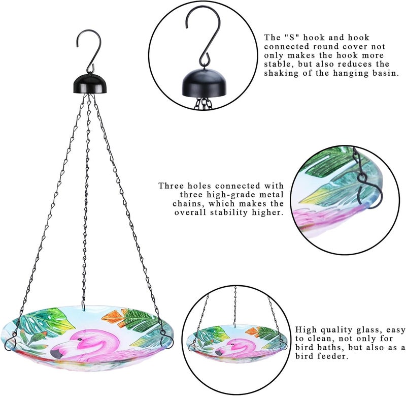 VCUTEKA Glass Hanging Bird Bath for Outdoors, BirdBaths with 21-Inch Rust-Proof Chain, Garden Yard Decor, Flamingo Pattern - Image 4