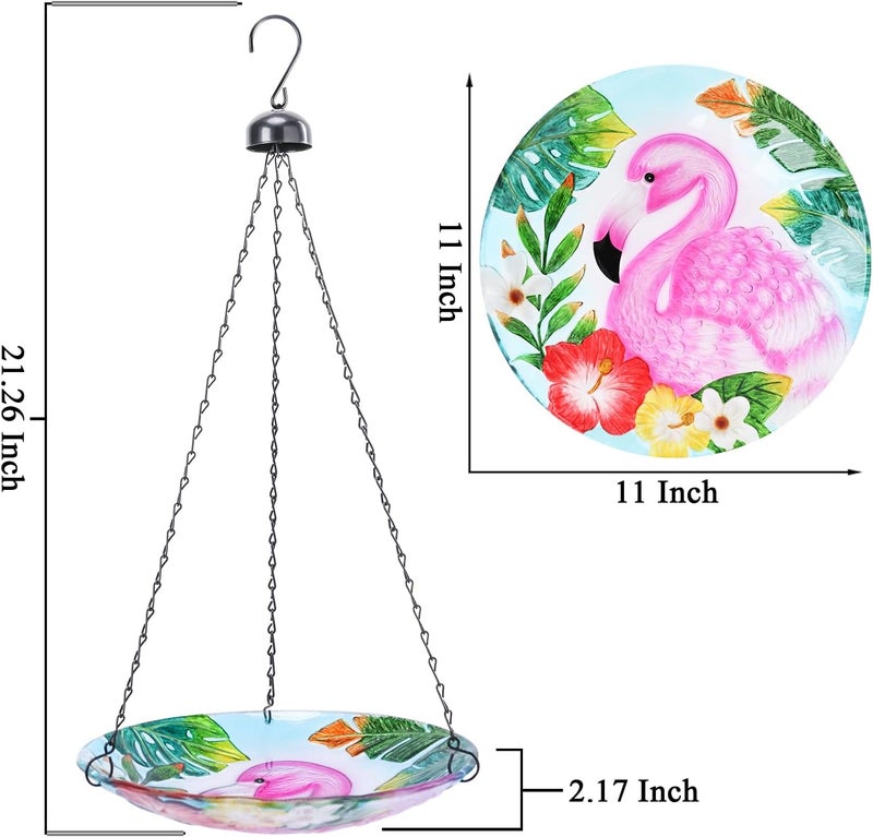 VCUTEKA Glass Hanging Bird Bath for Outdoors, BirdBaths with 21-Inch Rust-Proof Chain, Garden Yard Decor, Flamingo Pattern - Image 3