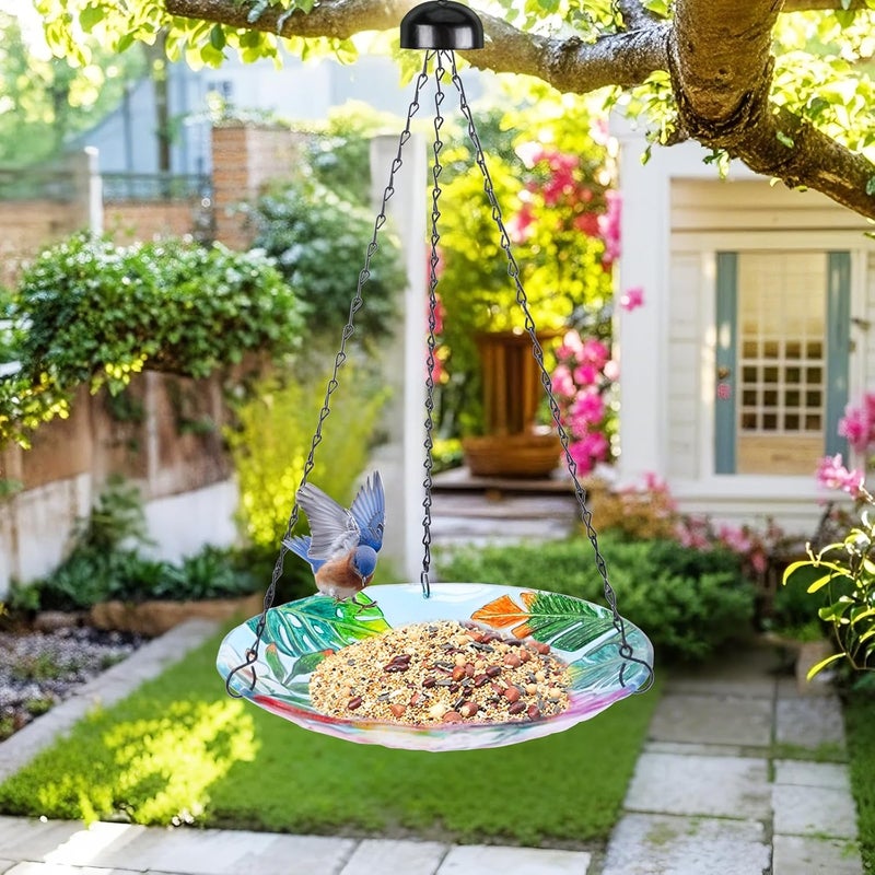 VCUTEKA Glass Hanging Bird Bath for Outdoors, BirdBaths with 21-Inch Rust-Proof Chain, Garden Yard Decor, Flamingo Pattern - Image 2