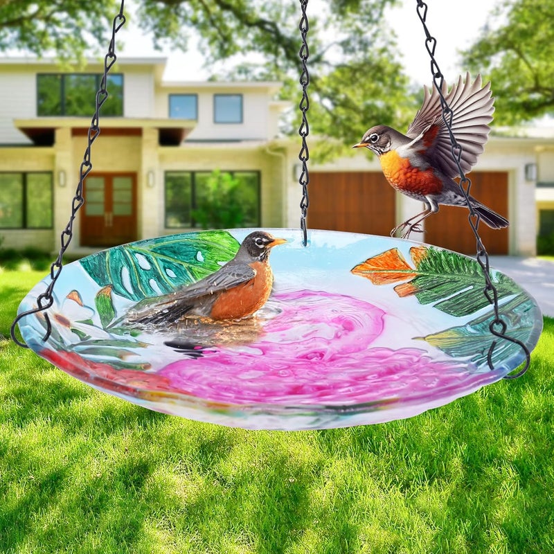 VCUTEKA Glass Hanging Bird Bath for Outdoors, BirdBaths with 21-Inch Rust-Proof Chain, Garden Yard Decor, Flamingo Pattern - Image 5