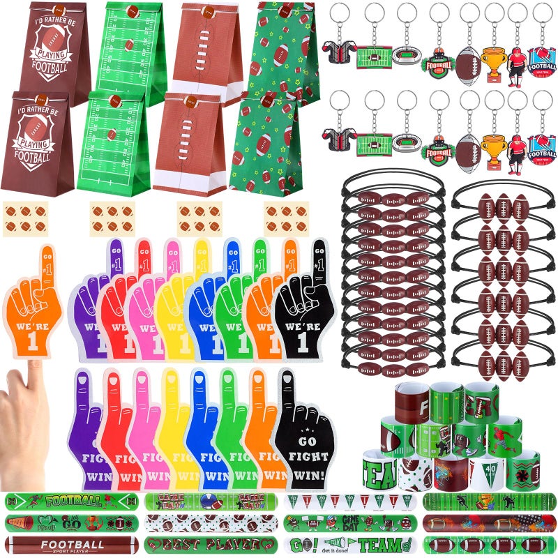 Sosation 144 Pcs Football Party Favors Set Serve 24 Sport Balls Goodie Gift Bags Stickers Foam Finger Slap Bracelet Charm Bracelet Keychain for Team Gifts Football Birthday Party Supplies - Image 3