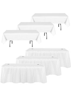 Oudain Oudain 6 Pcs Plastic Table Skirts and Stain Proof Table Cloths 54 x 108 in Rectangle Plastic Tablecloth 168 x 29 in Disposable Table Skirts for Thanksgiving Christmas New Year Party (White)  - Image 1