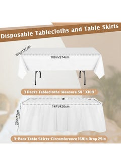 Oudain Oudain 6 Pcs Plastic Table Skirts and Stain Proof Table Cloths 54 x 108 in Rectangle Plastic Tablecloth 168 x 29 in Disposable Table Skirts for Thanksgiving Christmas New Year Party (White)  - Image 3