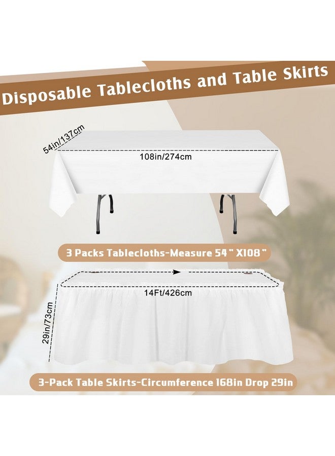 Oudain Oudain 6 Pcs Plastic Table Skirts and Stain Proof Table Cloths 54 x 108 in Rectangle Plastic Tablecloth 168 x 29 in Disposable Table Skirts for Thanksgiving Christmas New Year Party (White) - Image 3