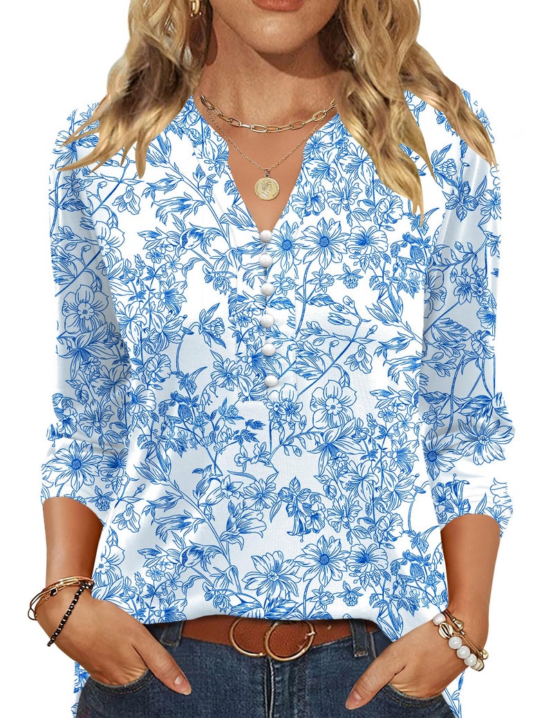 LUYAA Womens Tops Dressy Casual Floral Top V Neck 3 4 Length Sleeve Womens Tops Plus Size Shirts Teacher Outfits 2026 Fashion White Blue Floral 2XL - Image 1