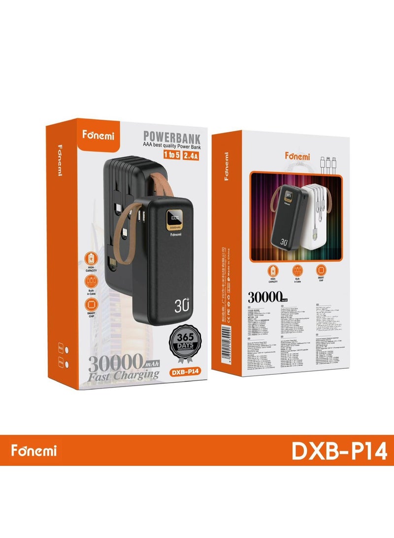 Fonemi DXB-P14 30000mAh Power Bank with Fast Charging, Dual USB Output, Built-in Cable, LED Display, Smart Protection, Black, 1 Year Warranty