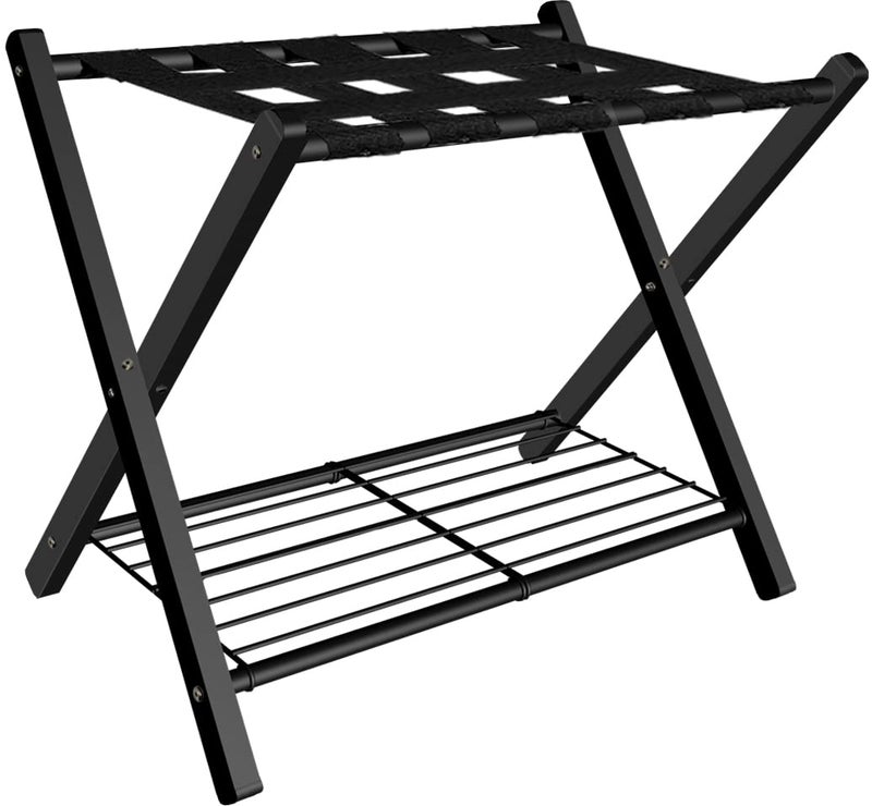 Fandature Folding Luggage Rack for Guest Room, Metal Foldable Suitcase Stand Holder with Metal Shelf for Bedroom, Black, 1 pack - Image 1