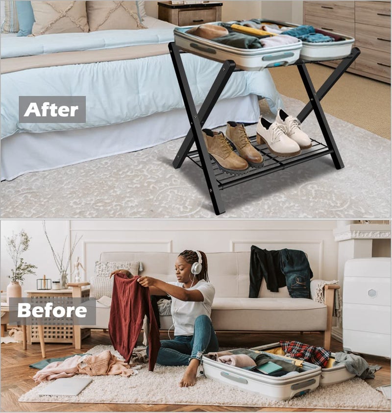 Fandature Folding Luggage Rack for Guest Room, Metal Foldable Suitcase Stand Holder with Metal Shelf for Bedroom, Black, 1 pack - Image 2