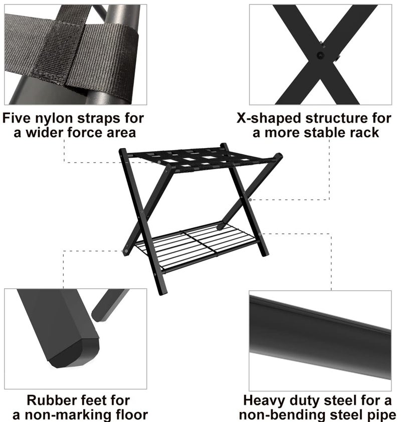 Fandature Folding Luggage Rack for Guest Room, Metal Foldable Suitcase Stand Holder with Metal Shelf for Bedroom, Black, 1 pack - Image 3