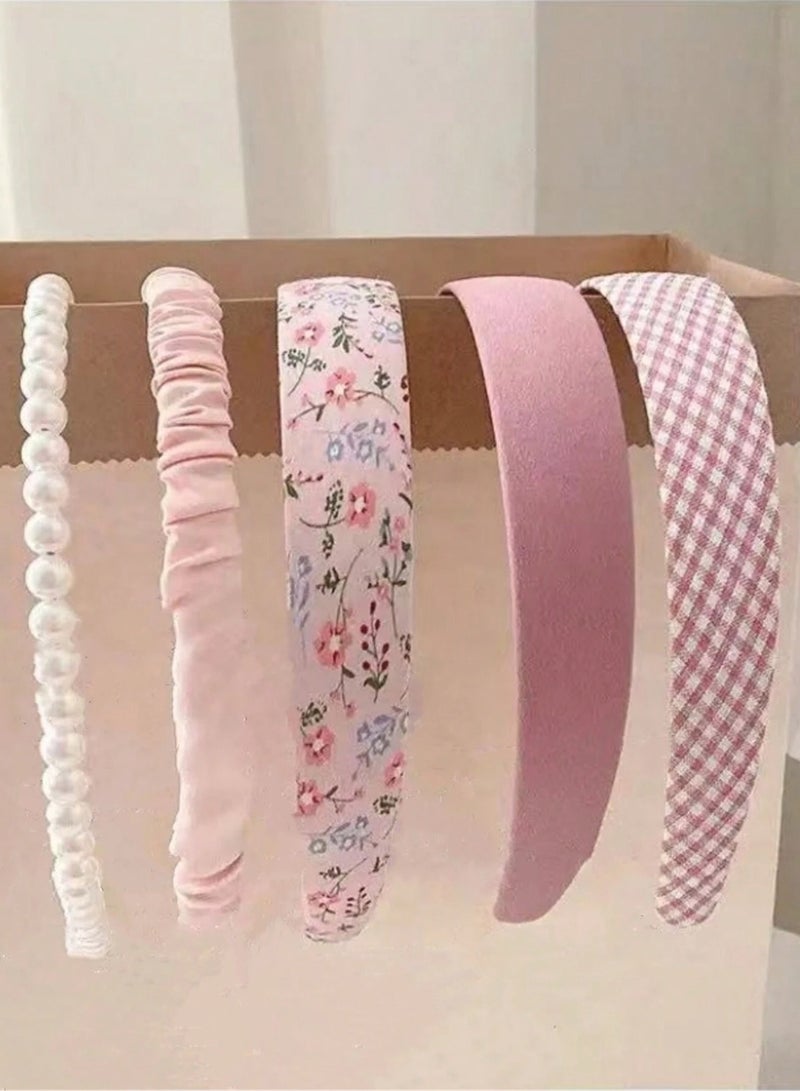 Loquat 5 Pack Headbands for Girls Women Headbands Trendy Non Slip Hairbands Lovely Hair Accessories Multi-style Pearl Headband Pack (Pink) - Image 3