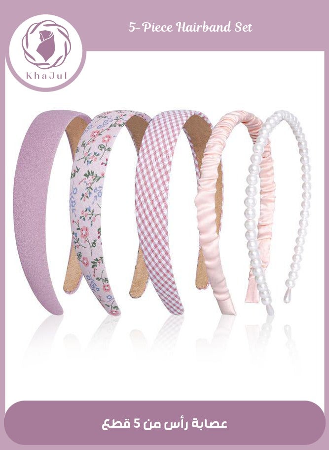 Loquat 5 Pack Headbands for Girls Women Headbands Trendy Non Slip Hairbands Lovely Hair Accessories Multi-style Pearl Headband Pack (Pink) - Image 1