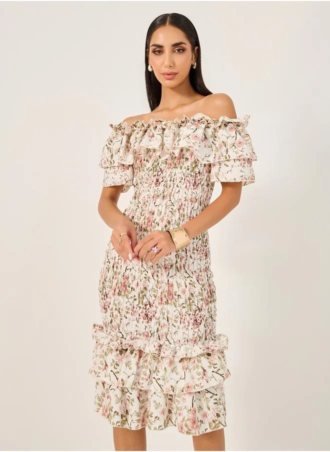 Styli Floral Print Off Shoulder Bodycon Knee-Length Dress