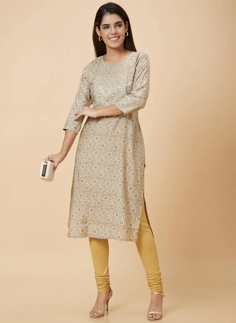 جلو باص Globus Women Taupe Floral Printed Sequinned Straight Festive Kurta