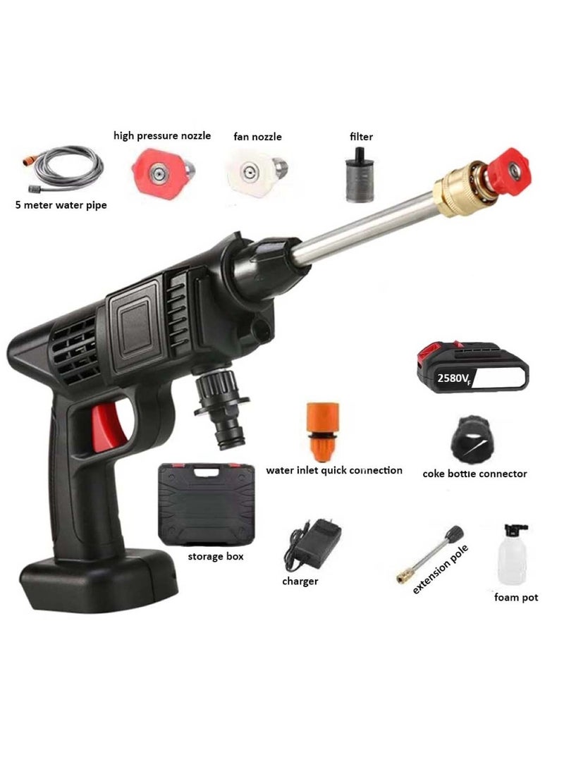 مسدس مياه غسيل السيارات عالي الضغط بقوة 21 فولت مع صندوق أدوات وبطارية واحدة وخراطيم بطول 5 أمتار باللون الأسود - Image 1