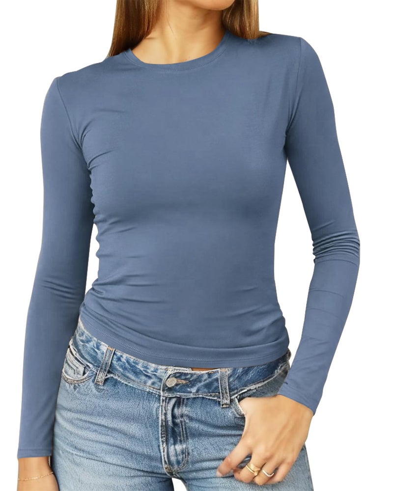 Abardsion Women's Long Sleeve Shirts Spring 2026 Casual Basic Going Out Crop Tops Slim Fit Tight Y2K Clothes(Haze Blue, S) - Image 1