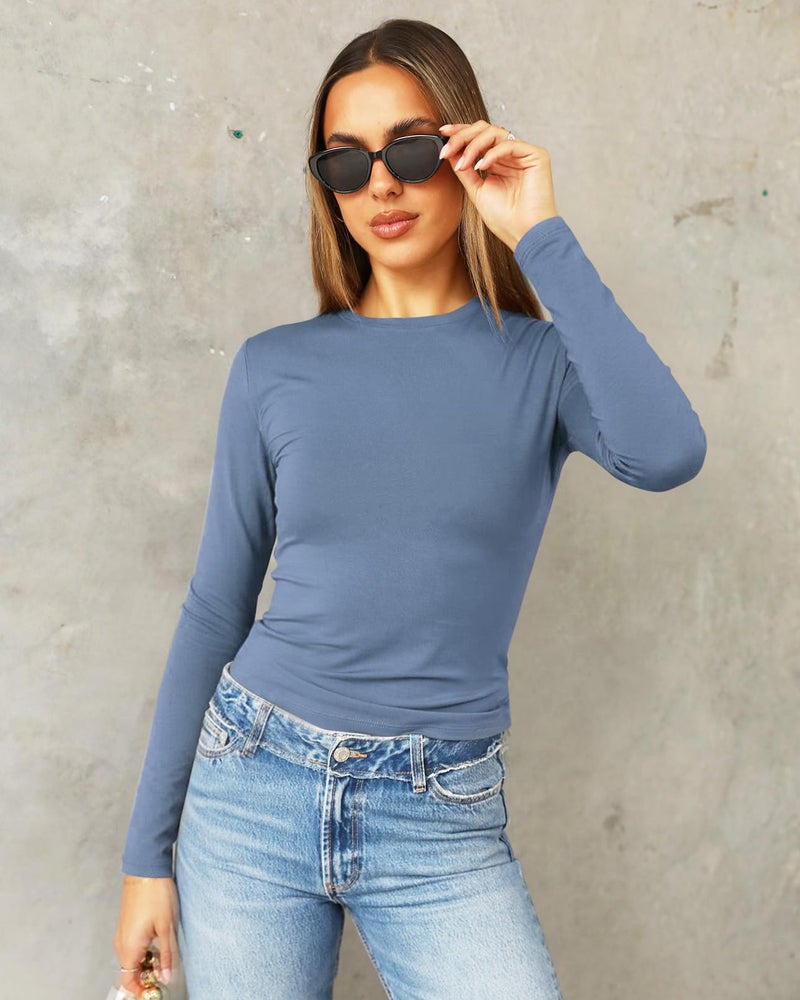 Abardsion Women's Long Sleeve Shirts Spring 2026 Casual Basic Going Out Crop Tops Slim Fit Tight Y2K Clothes(Haze Blue, S) - Image 2