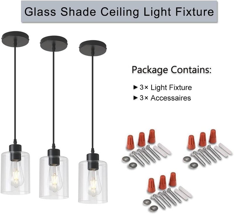KLSS Modern Black Farmhouse Clear Glass Cylinder Pendant Light Fixture,Mini Pendant Lighting for Kitchen Island Decor - 4.75 Inch Shade, 2-58 Inch Cord (Black 3 Pack) - Image 5