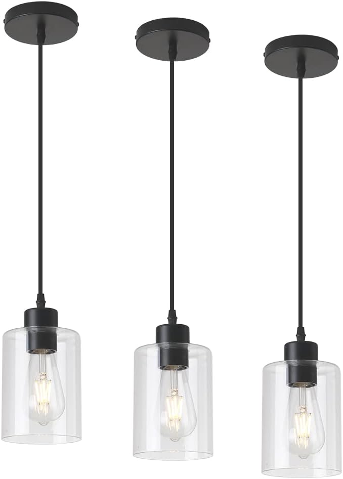KLSS Modern Black Farmhouse Clear Glass Cylinder Pendant Light Fixture,Mini Pendant Lighting for Kitchen Island Decor - 4.75 Inch Shade, 2-58 Inch Cord (Black 3 Pack) - Image 1