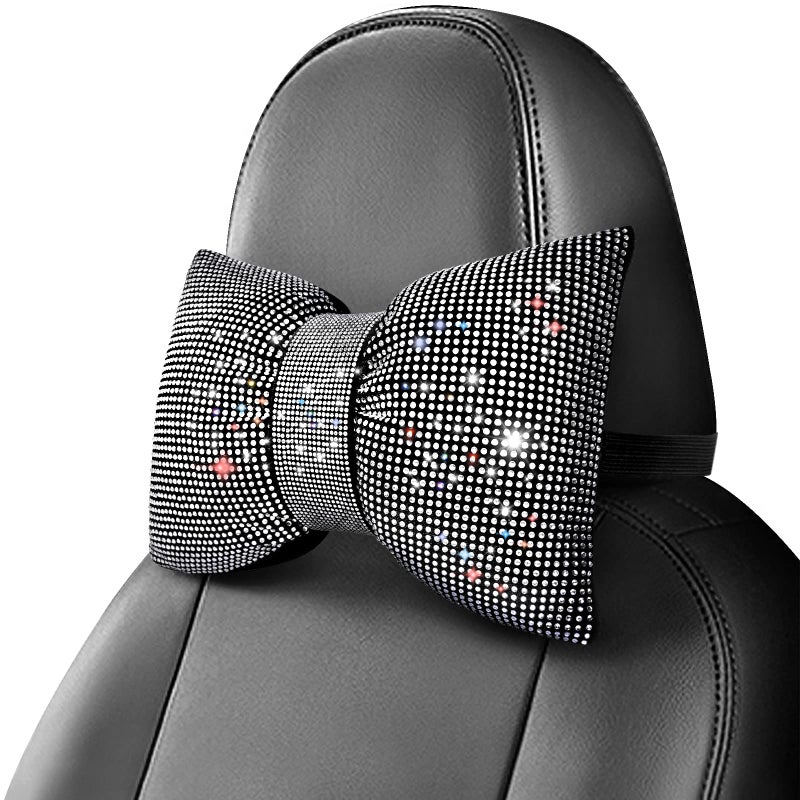surpassme 2PCS Rhinestone Car Headrest Neck Pillow for Driving with Bling Bling Crystal Bow Pillow Car Accessories for Women (Silver/White) - Image 2