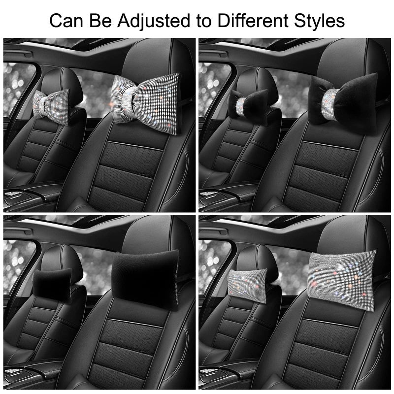 surpassme 2PCS Rhinestone Car Headrest Neck Pillow for Driving with Bling Bling Crystal Bow Pillow Car Accessories for Women (Silver/White) - Image 3