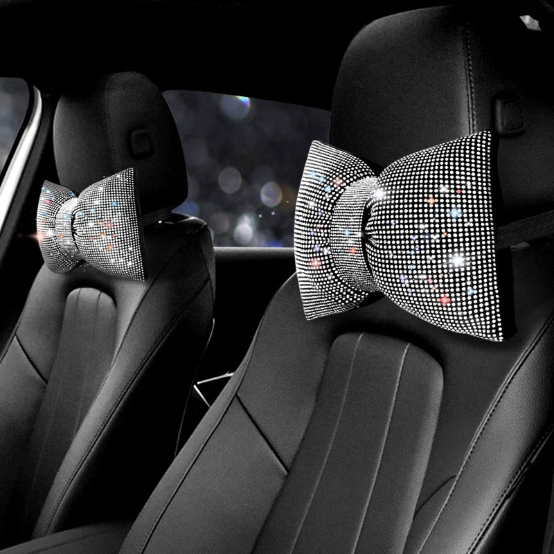 surpassme 2PCS Rhinestone Car Headrest Neck Pillow for Driving with Bling Bling Crystal Bow Pillow Car Accessories for Women (Silver/White) - Image 1