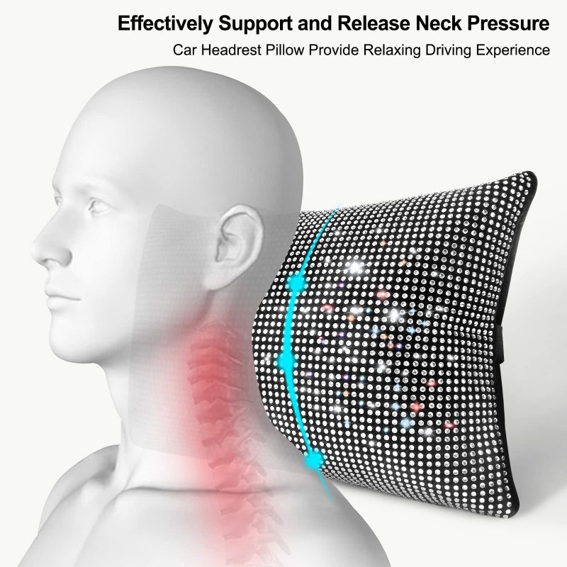 surpassme 2PCS Rhinestone Car Headrest Neck Pillow for Driving with Bling Bling Crystal Bow Pillow Car Accessories for Women (Silver/White) - Image 4