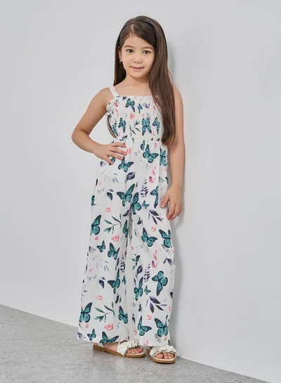 تايك تو جمبسوت واسع الأرجل بطبعة فراشة بيضاء