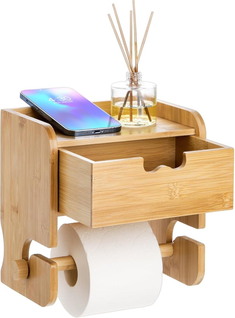 Lawei Bamboo Toilet Paper Holder, Wall Mount Toilet Paper Roll Holder with Shelf and Storage, Flushable Wipes Dispenser and Storage Drawer Box, Tissue Roll Holder for Bathroom, Washroom, Kitchen, Home