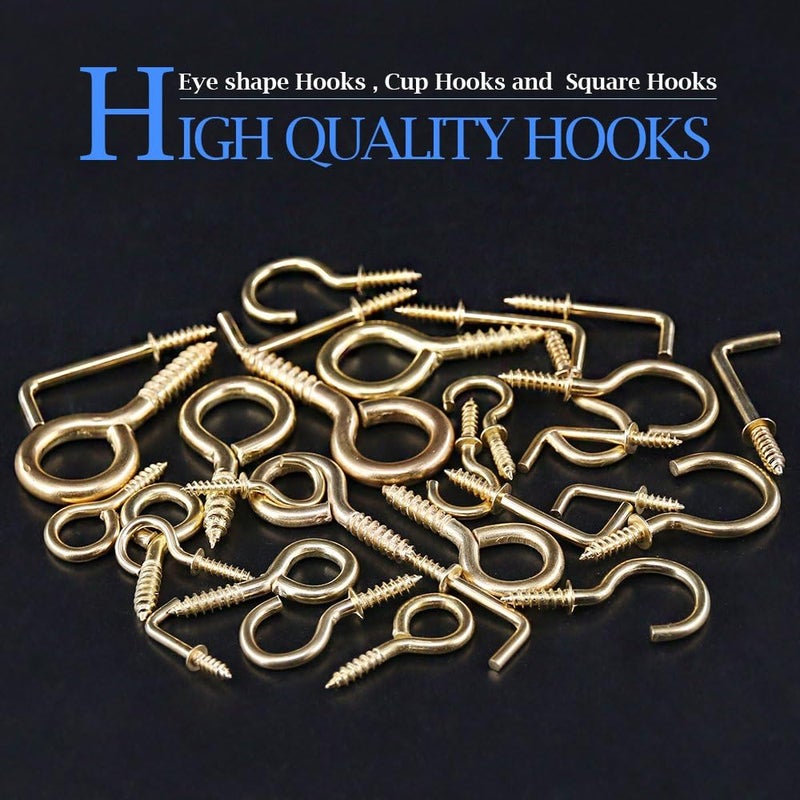 Glarks 213-Pieces Brass Plated Screw Eyes & Screw-in Ceiling Cups Hooks & Square Bend Hooks Assortment Set Kit for Hanging - Image 3