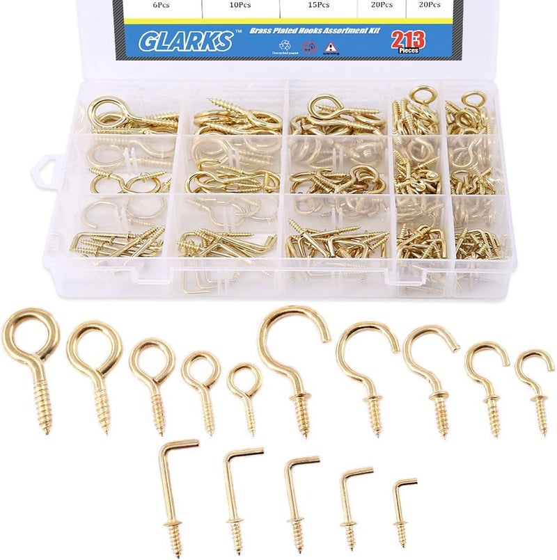 Glarks 213-Pieces Brass Plated Screw Eyes & Screw-in Ceiling Cups Hooks & Square Bend Hooks Assortment Set Kit for Hanging - Image 1