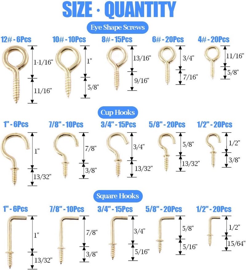 Glarks 213-Pieces Brass Plated Screw Eyes & Screw-in Ceiling Cups Hooks & Square Bend Hooks Assortment Set Kit for Hanging - Image 2