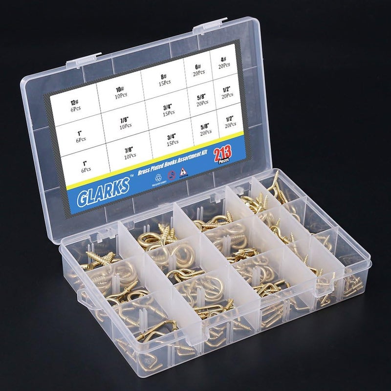 Glarks 213-Pieces Brass Plated Screw Eyes & Screw-in Ceiling Cups Hooks & Square Bend Hooks Assortment Set Kit for Hanging - Image 5