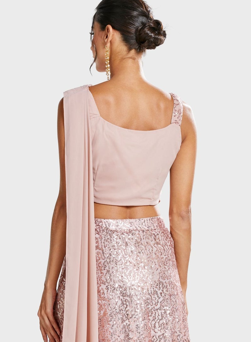 Indya X Shraddha Kapoor Pink Sequin Crop Top with Attached Dupatta - Image 3