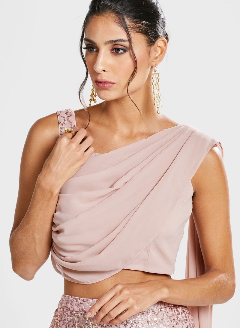 Indya X Shraddha Kapoor Pink Sequin Crop Top with Attached Dupatta - Image 4