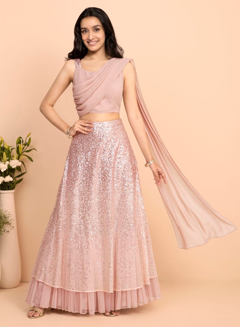 Indya X Shraddha Kapoor Pink Sequin Crop Top with Attached Dupatta - Image 1