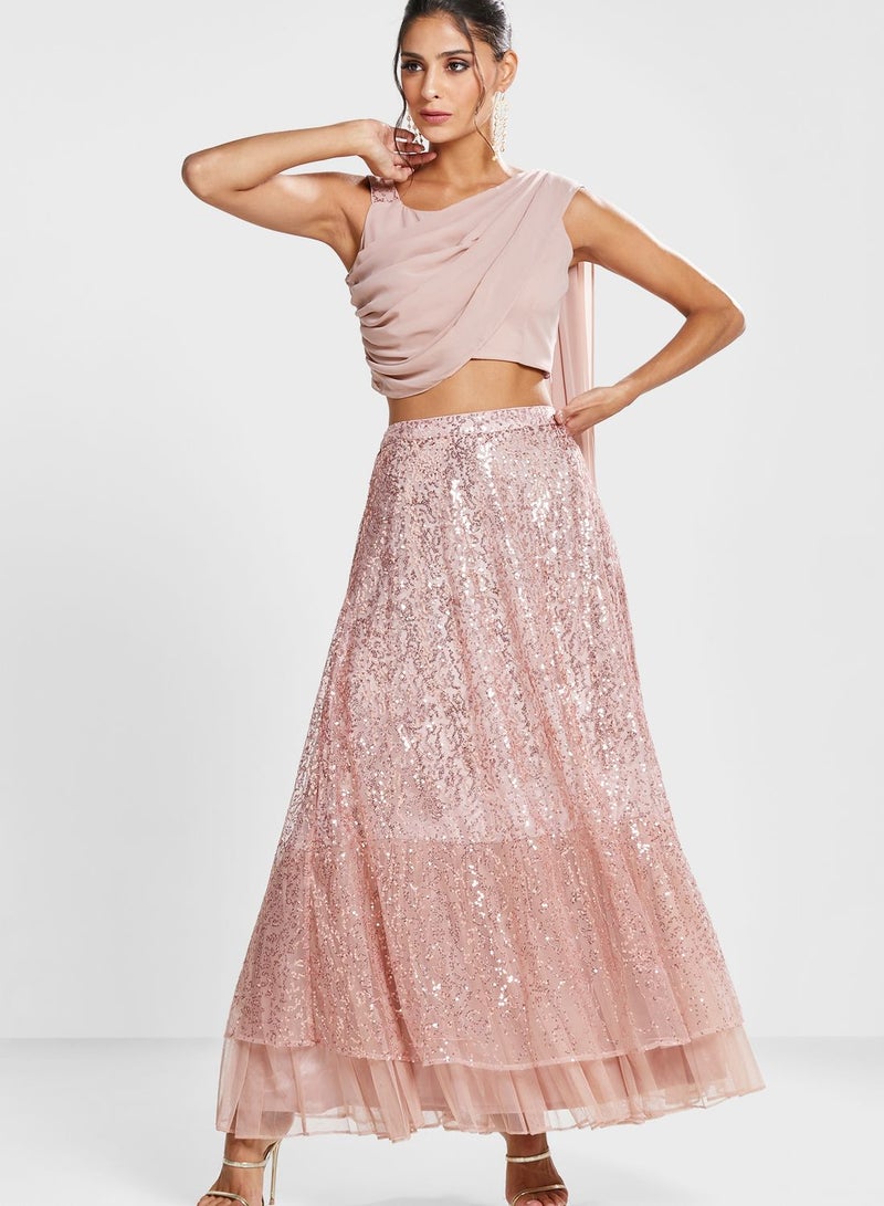 Indya X Shraddha Kapoor Pink Sequin Crop Top with Attached Dupatta - Image 5