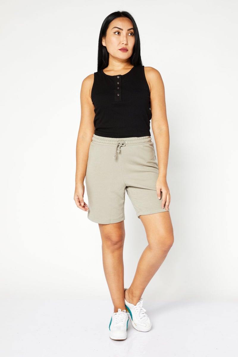 NA-KD Women High Rise Drawstring Solid Sweat Shorts, Olive - Image 2