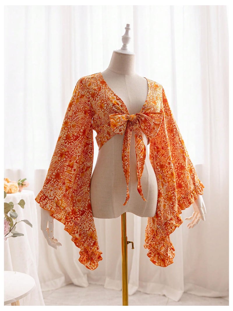 BEAUDRM Women's Boho Tops Wrap Western Country Concert 70s Outfits Tie Front Long Bell Sleeve Tops Hippie Disco Clothes Orange Large - Image 4
